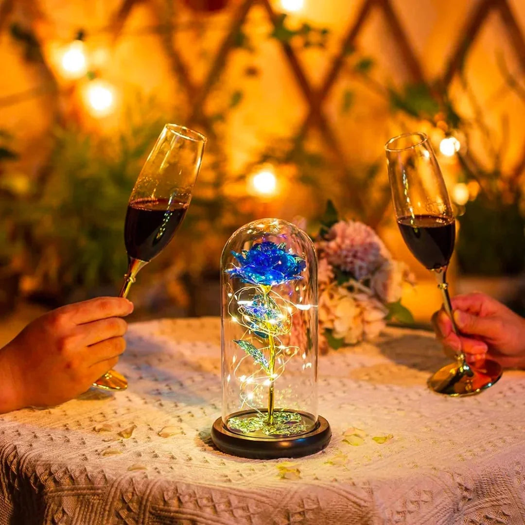 Artificial Rose Warm White LED Glass Dome & Wooden Base