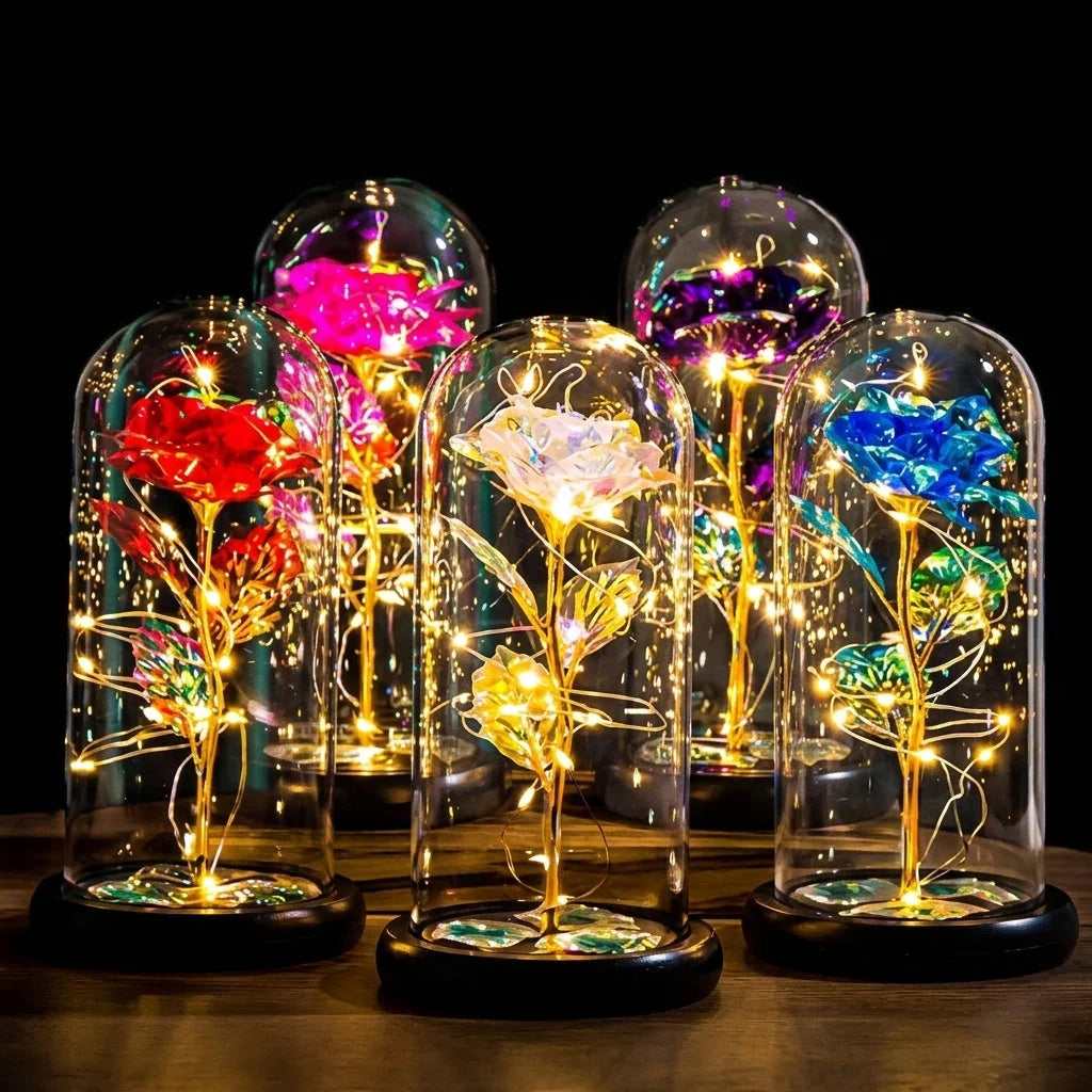 Artificial Rose Warm White LED Glass Dome & Wooden Base