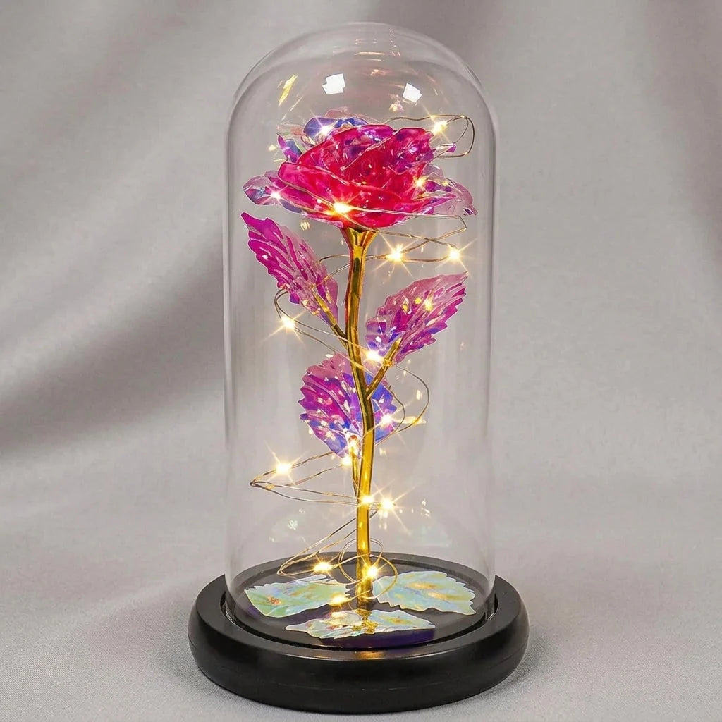 Artificial Rose Warm White LED Glass Dome & Wooden Base