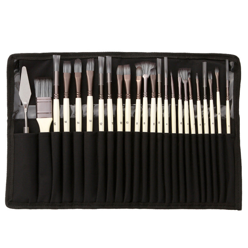 Artist Paint Brush Set 24 Nylon Bristles Wood Handles