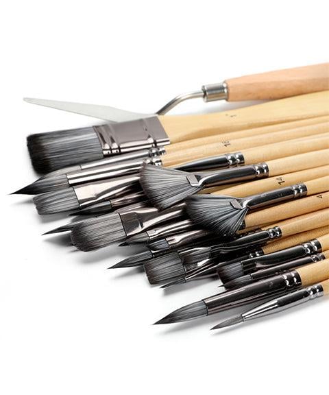 Artist Paint Brush Set 24 Nylon Bristles Wood Handles