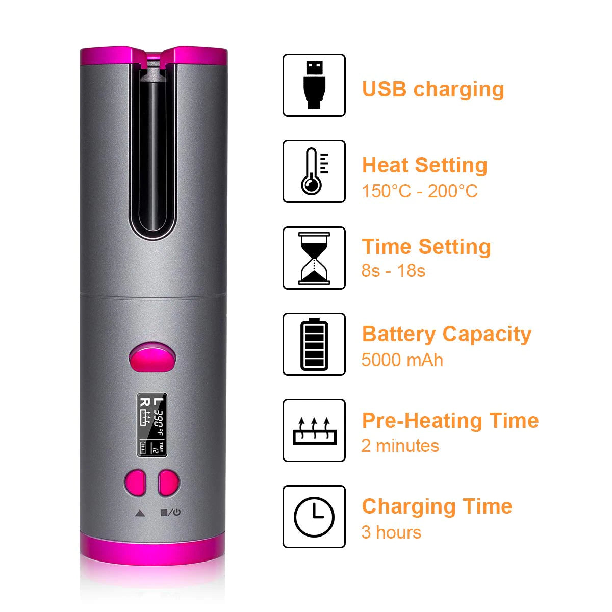 Automatic Curling Iron Cordless Ceramic Fast Heating 50-Min Battery