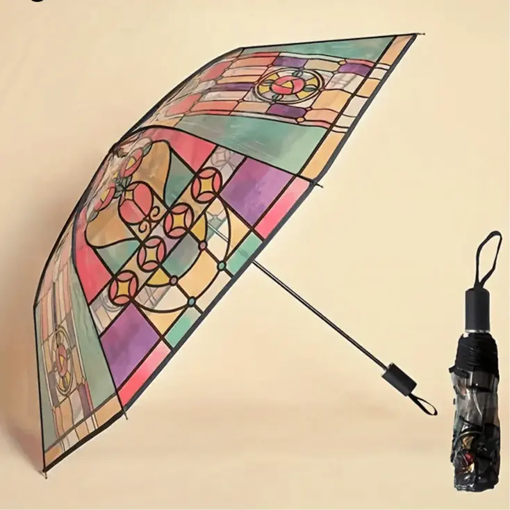 Automatic Umbrella Stained Glass Windproof Fiberglass Ribs