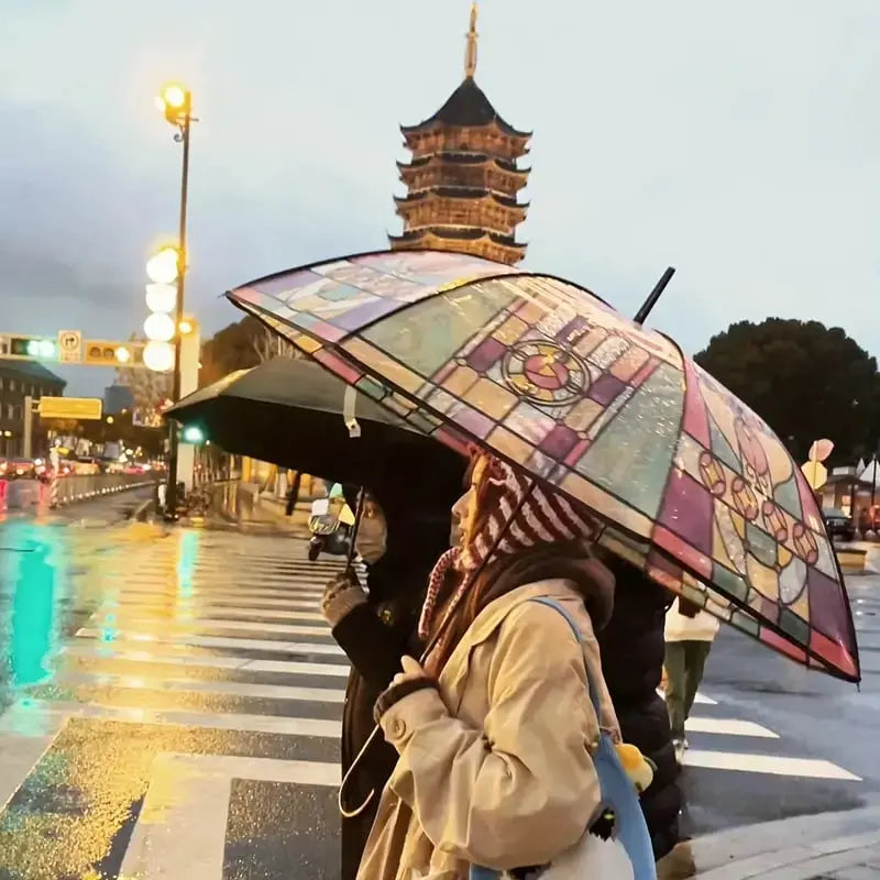 Automatic Umbrella Stained Glass Windproof Fiberglass Ribs