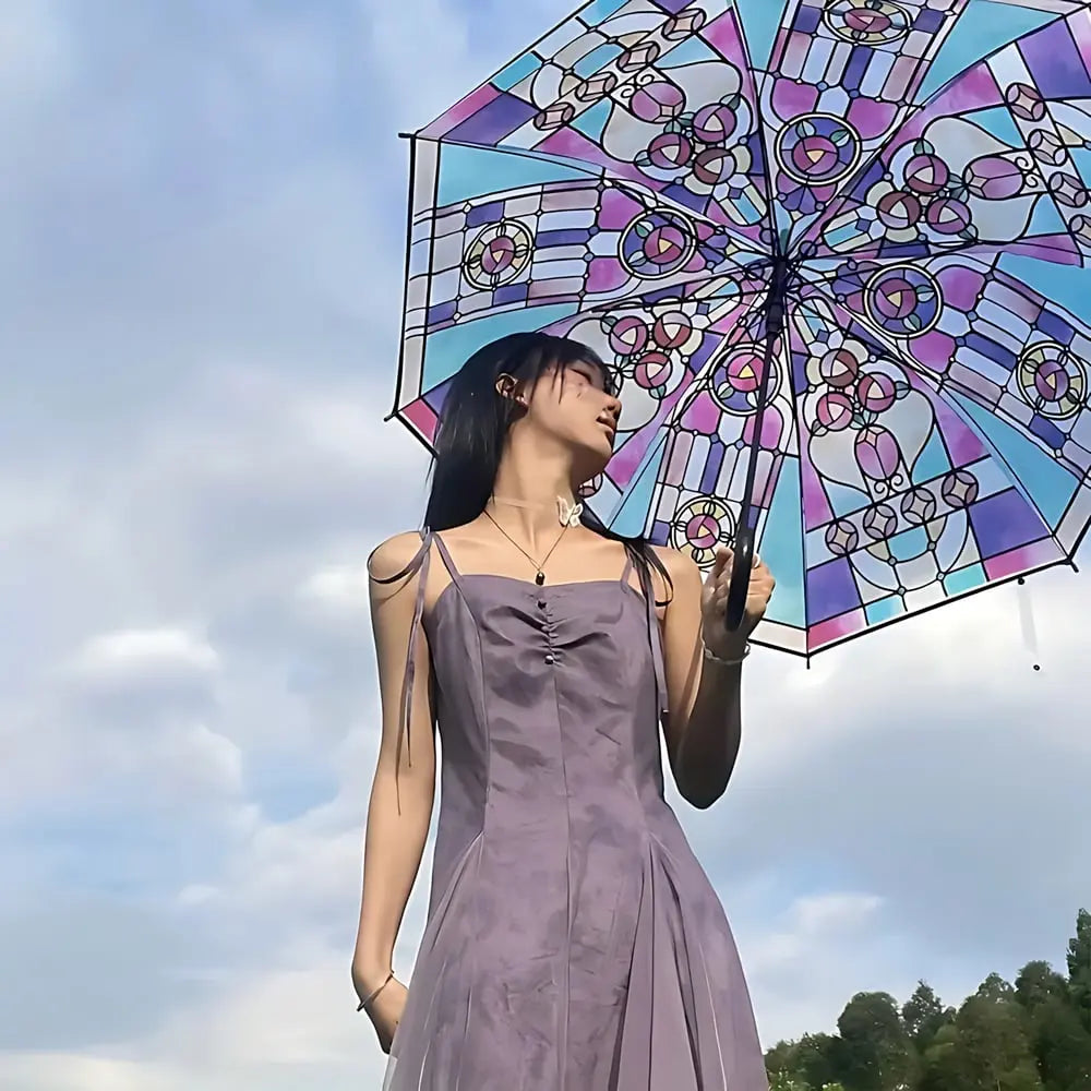 Automatic Umbrella Stained Glass Windproof Fiberglass Ribs