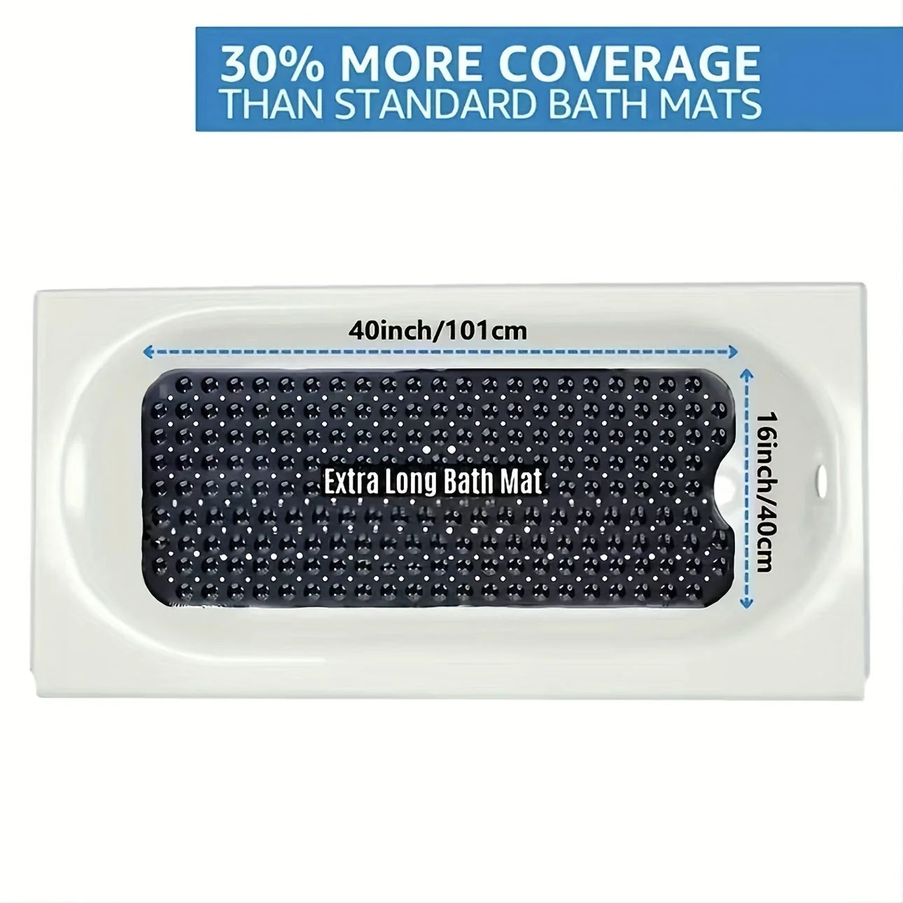 Bath Mat Extra-Long Non-Slip Suction Cups & Drain Holes