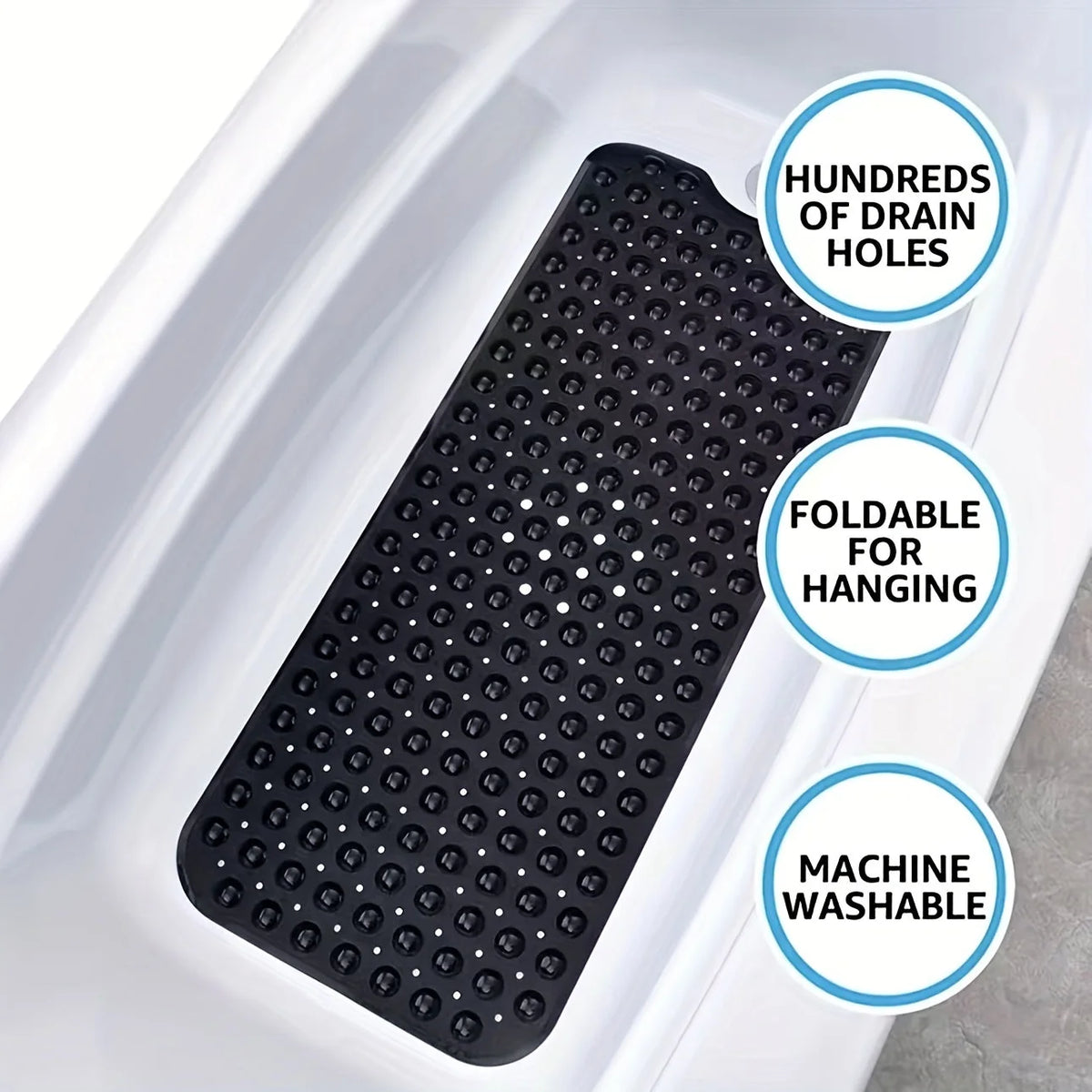Bath Mat Extra-Long Non-Slip Suction Cups & Drain Holes