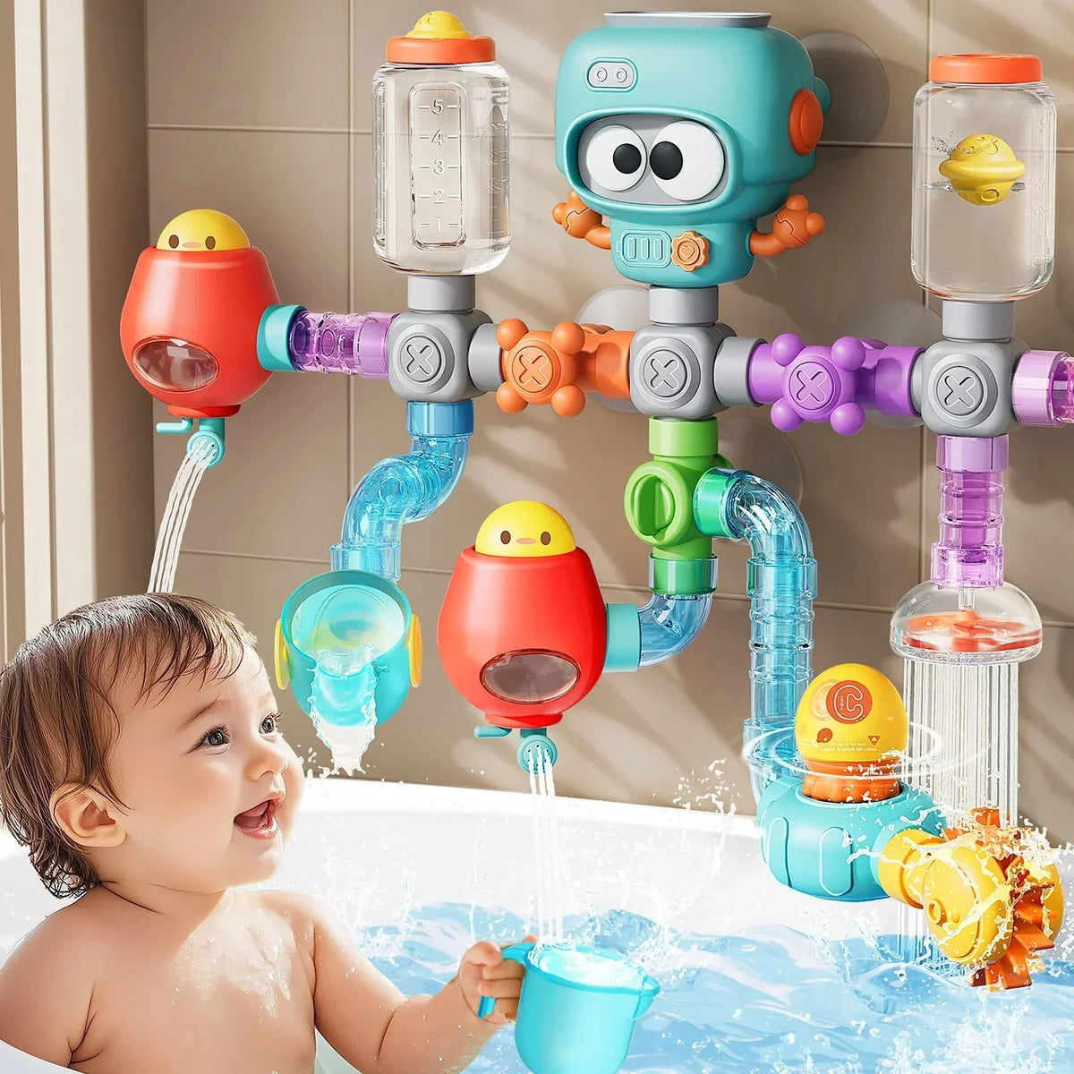 Bath Toy Set Interactive Pipes & Valves Suction-Cup Mount