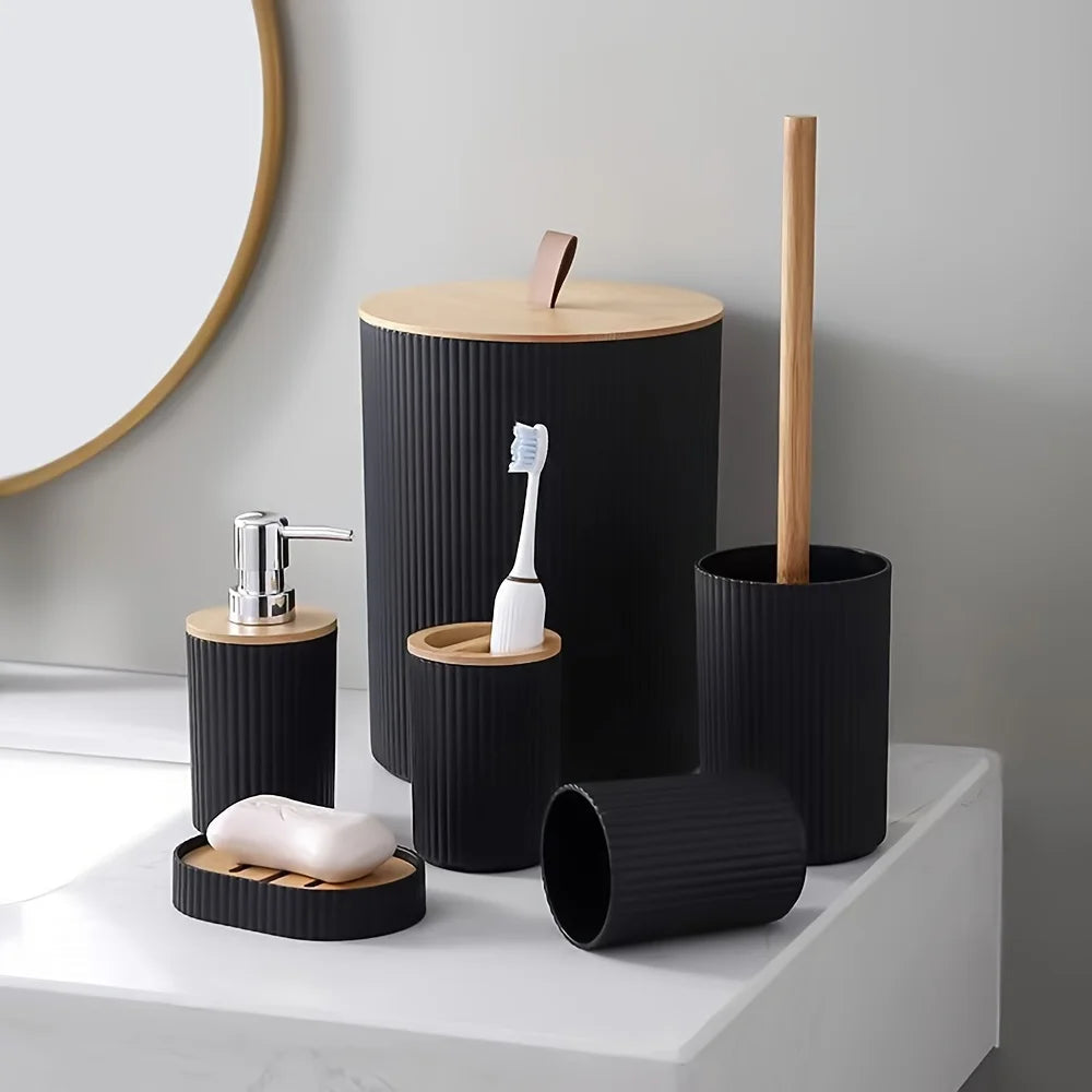 Bathroom Accessory Set Ribbed Bamboo Accents & One-Hand Pump