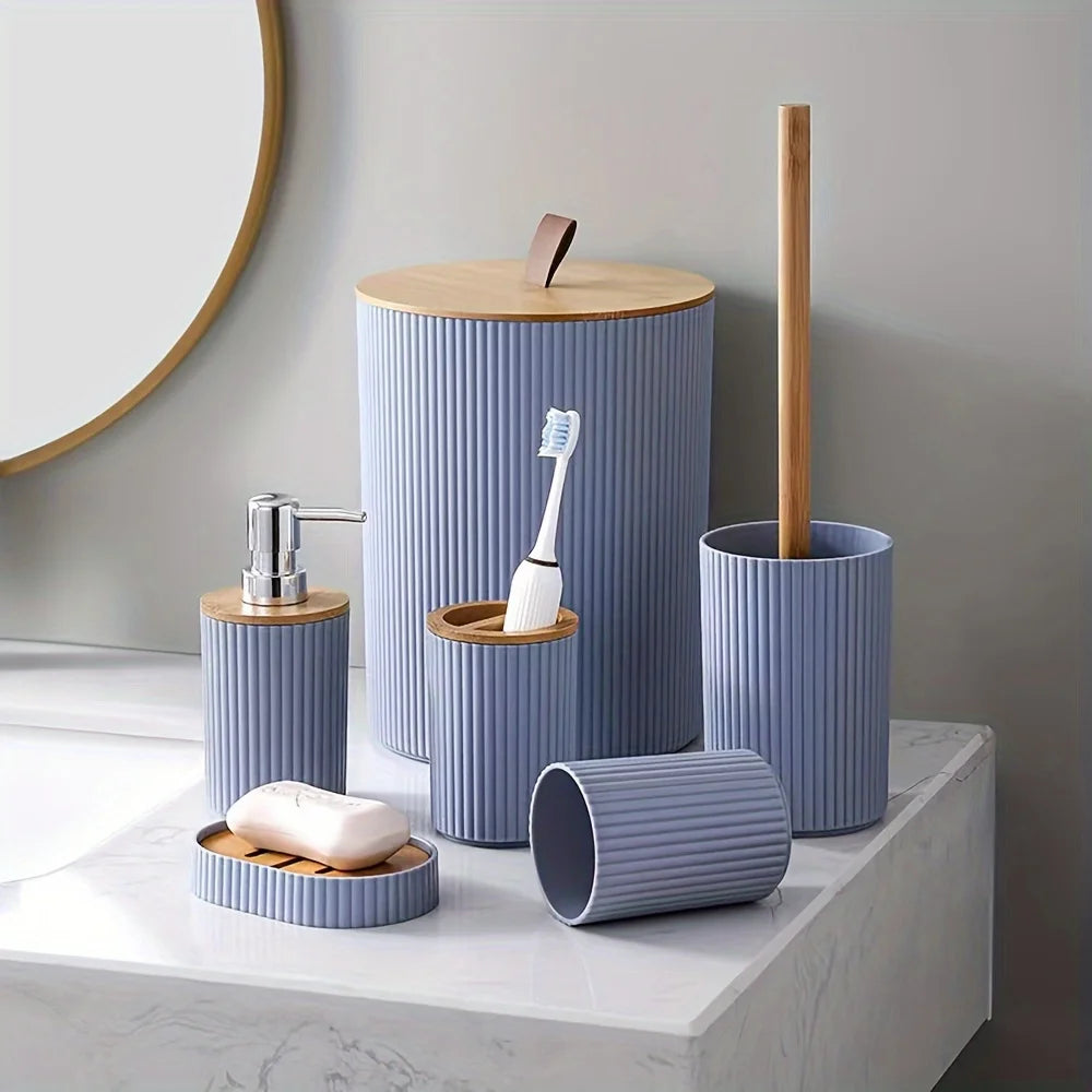 Bathroom Accessory Set Ribbed Bamboo Accents & One-Hand Pump