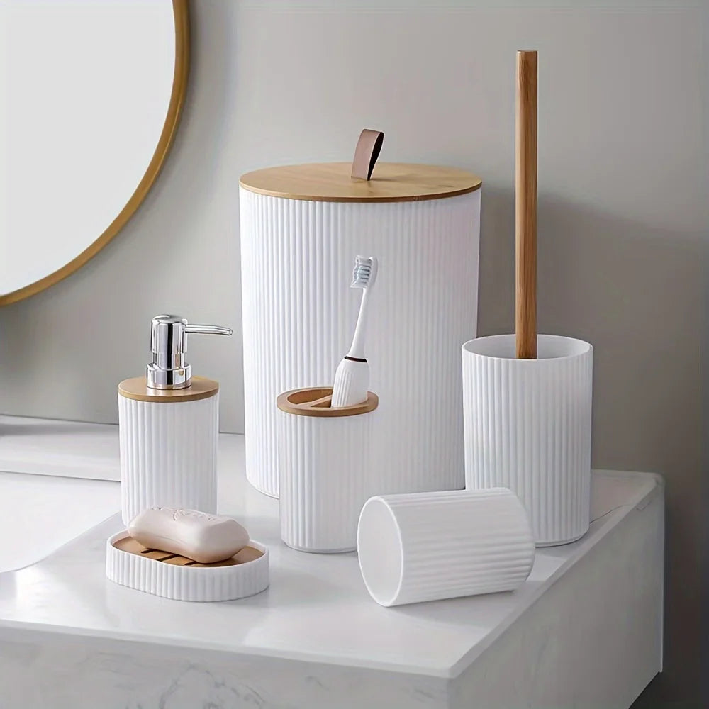 Bathroom Accessory Set Ribbed Bamboo Accents & One-Hand Pump