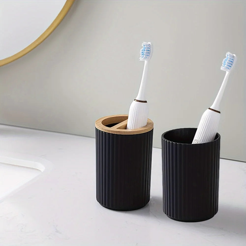 Bathroom Accessory Set Ribbed Bamboo Accents & One-Hand Pump
