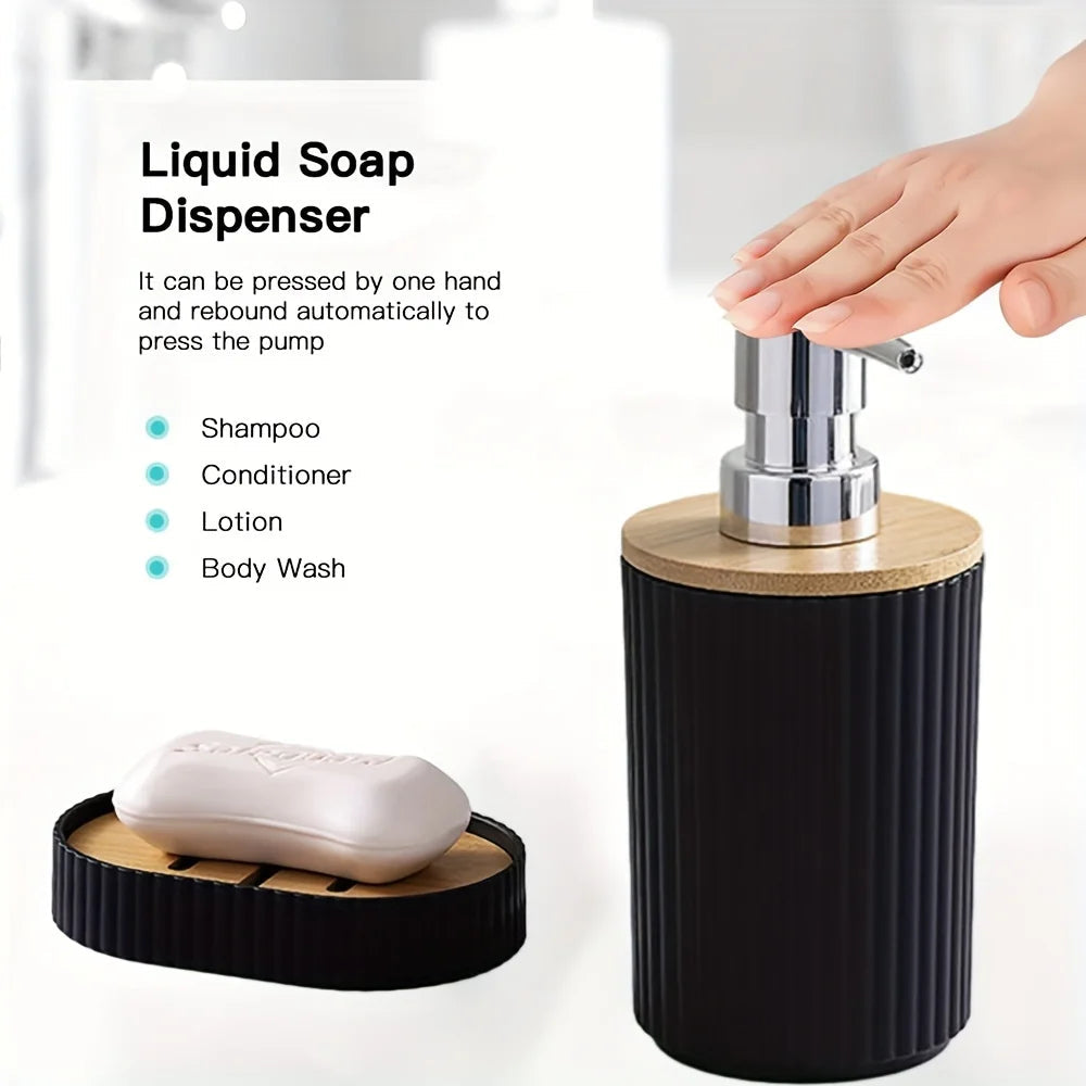 Bathroom Accessory Set Ribbed Bamboo Accents & One-Hand Pump