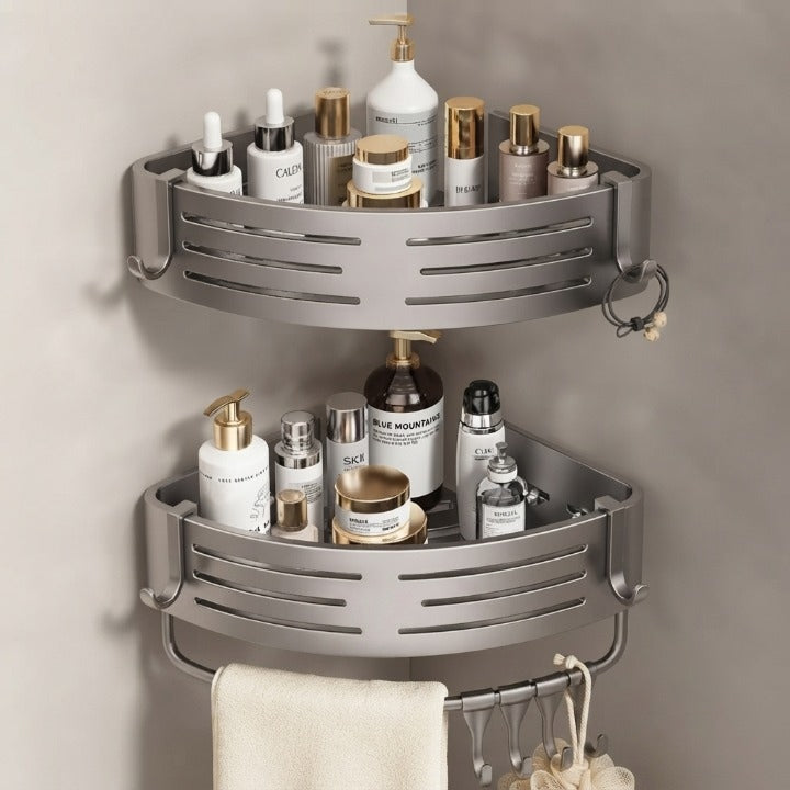 Bathroom Corner Shelf Set Drill-Free Aluminum Slatted 8 Hooks