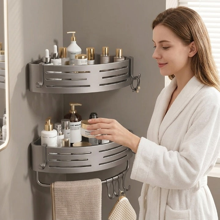 Bathroom Corner Shelf Set Drill-Free Aluminum Slatted 8 Hooks