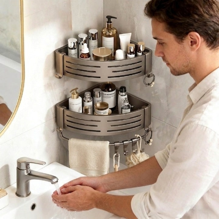 Bathroom Corner Shelf Set Drill-Free Aluminum Slatted 8 Hooks