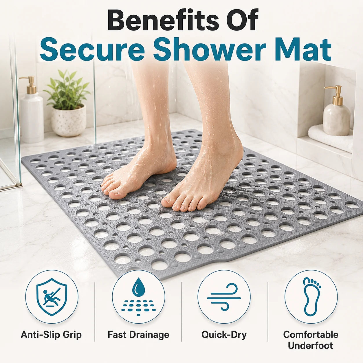 Bathroom Safety Mat Suction Cup Grip & Textured Non-Slip