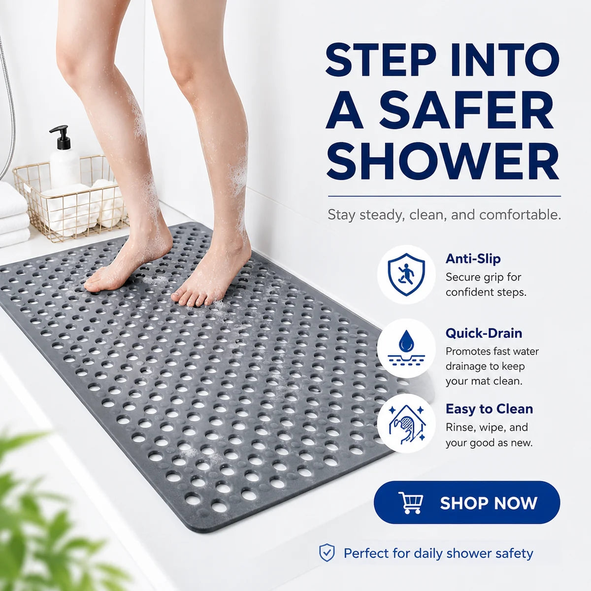 Bathroom Safety Mat Suction Cup Grip & Textured Non-Slip