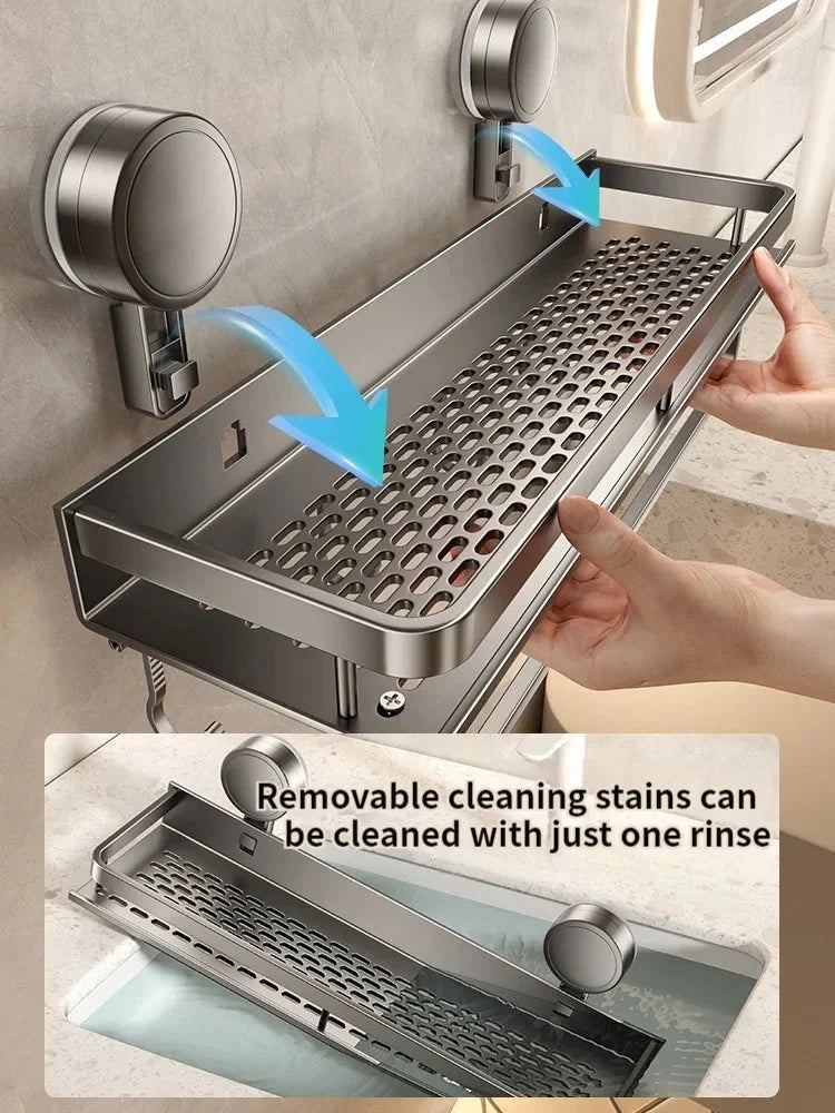 Bathroom Shelf Suction Cup Aluminum Drip Rack & Hooks