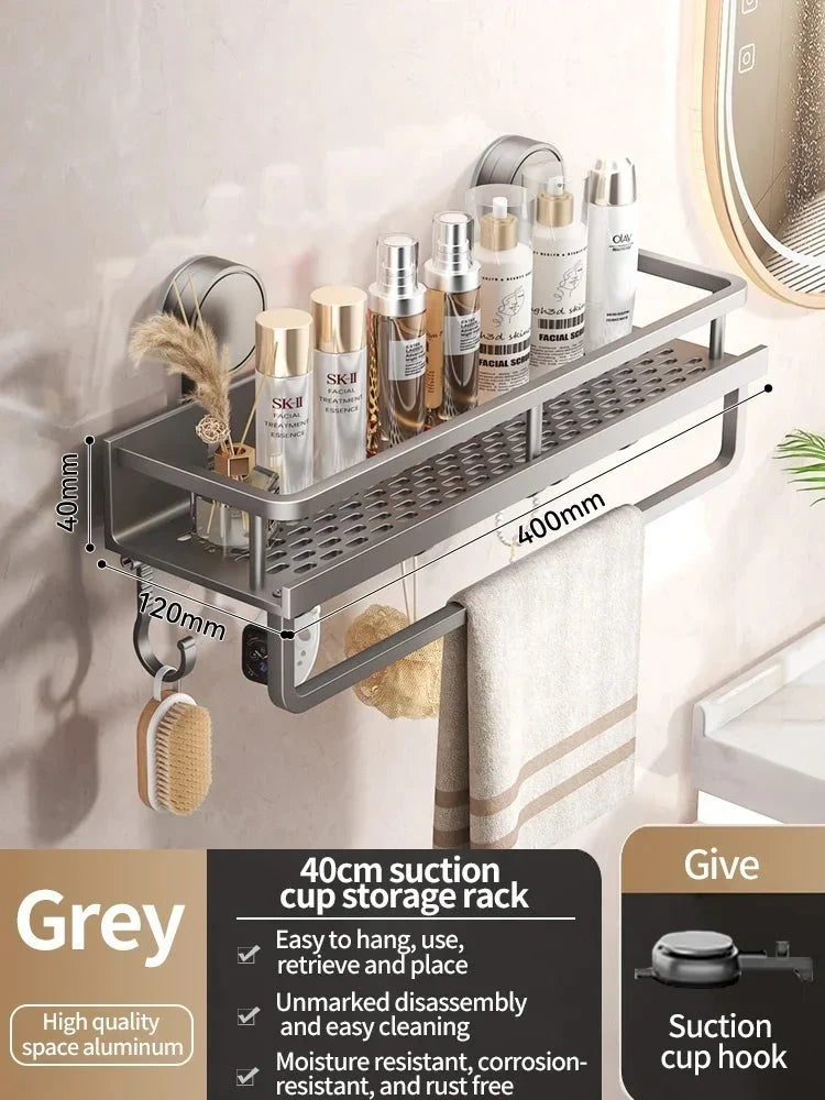 Bathroom Shelf Suction Cup Aluminum Drip Rack & Hooks