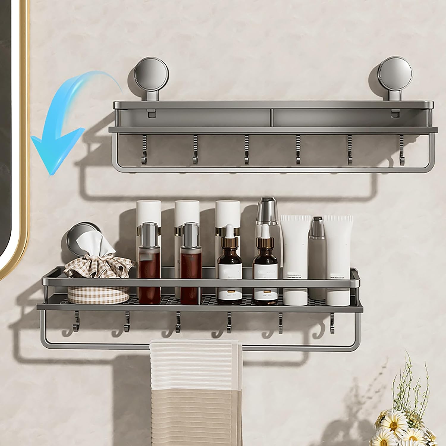Bathroom Wall Shelf Drill-Free Suction Mount Slatted Aluminum