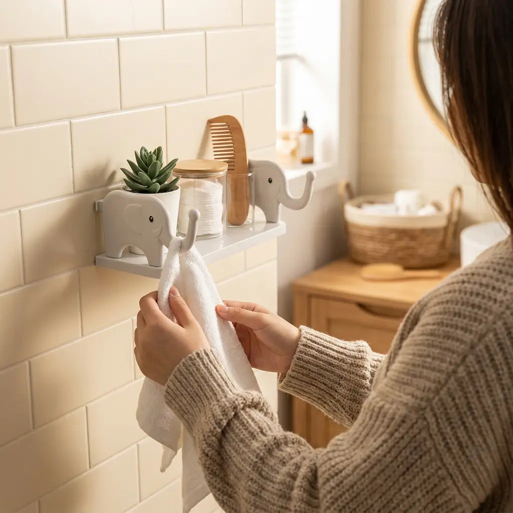Bathroom Wall Shelf Elephant Design Suction Mount & No-Drill