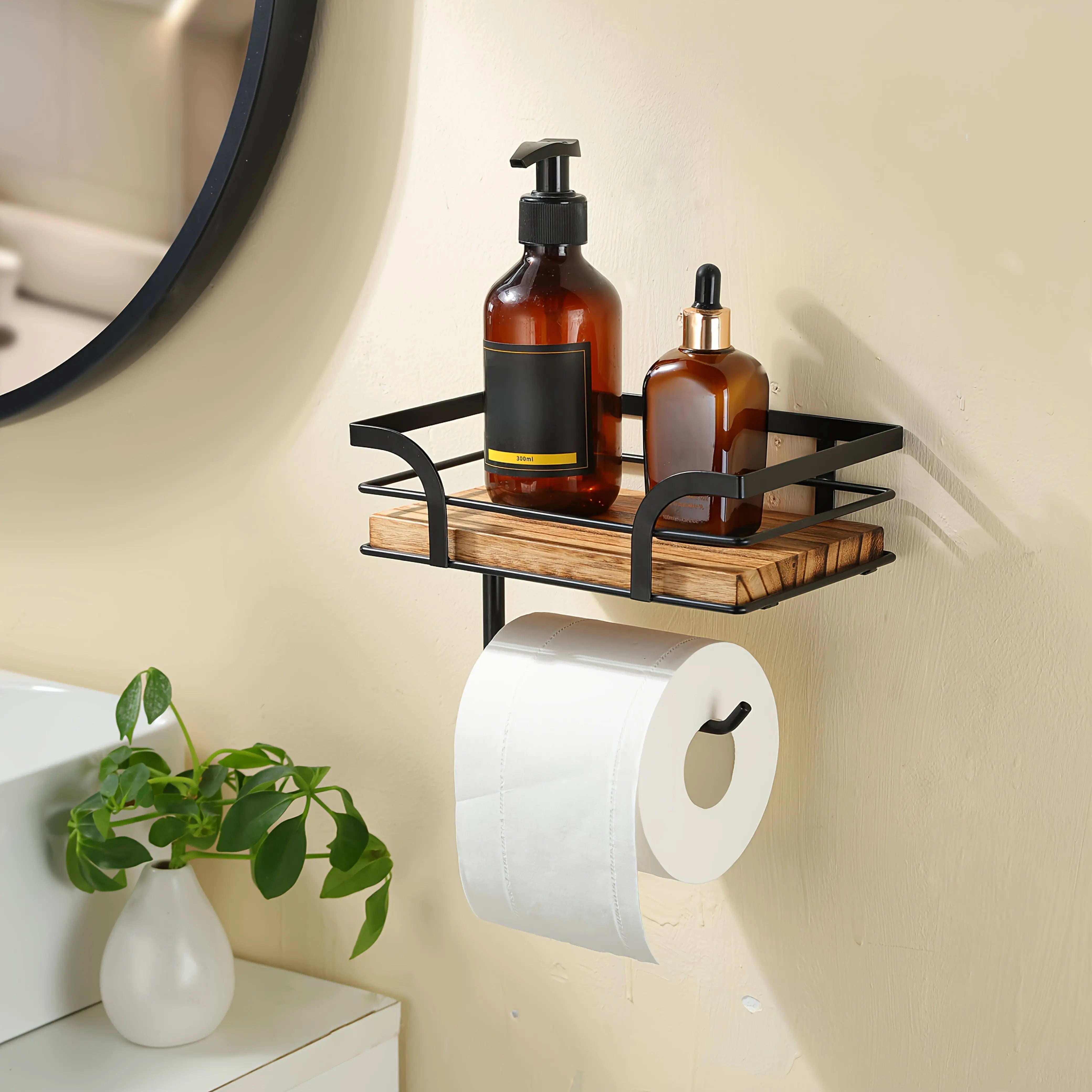 Bathroom Wall Shelf Metal & Wood Toilet Paper Holder