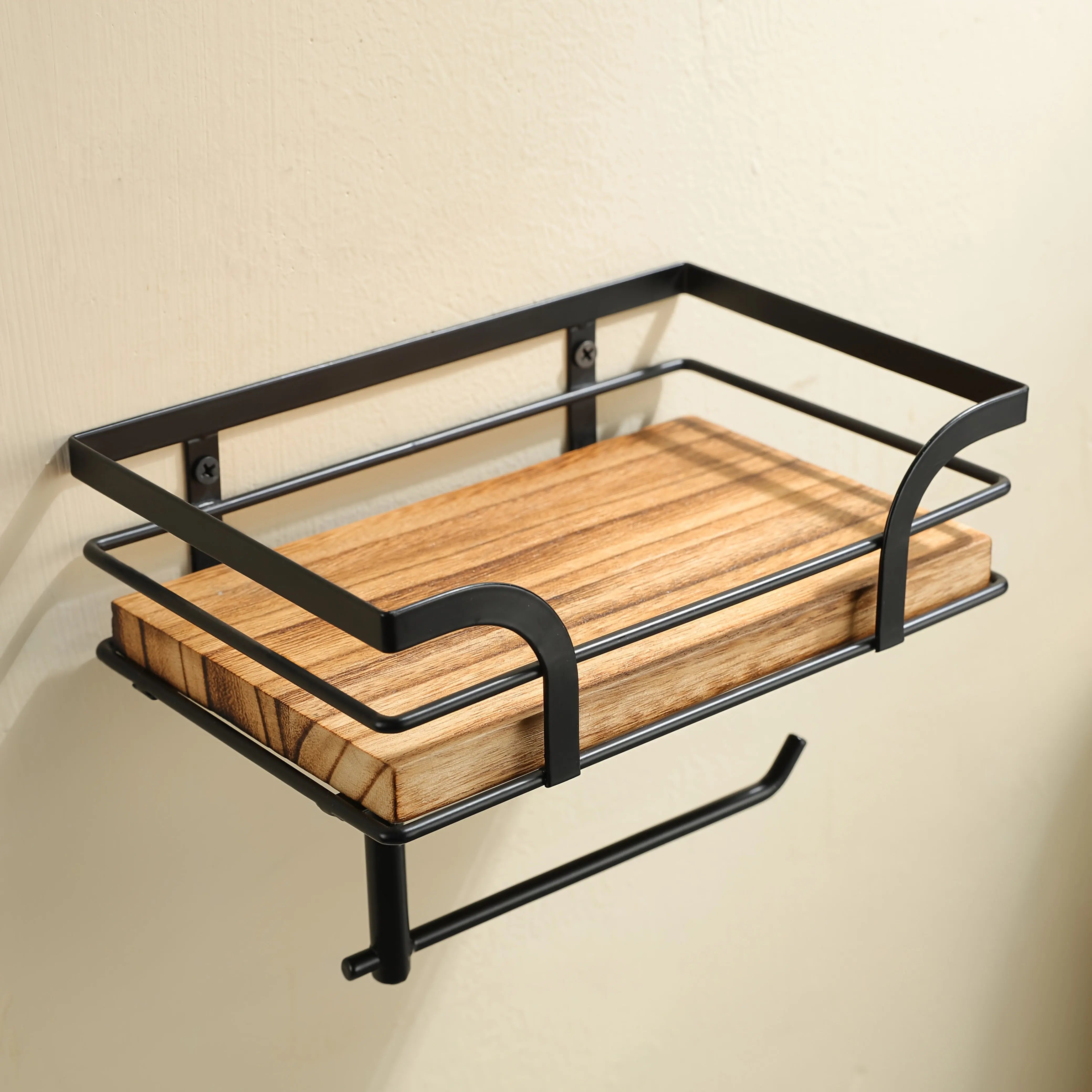 Bathroom Wall Shelf Metal & Wood Toilet Paper Holder