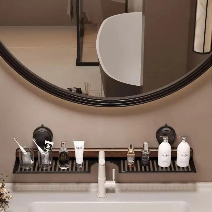 Bathroom Wall Shelf Rotating Suction Mount Walnut Finish