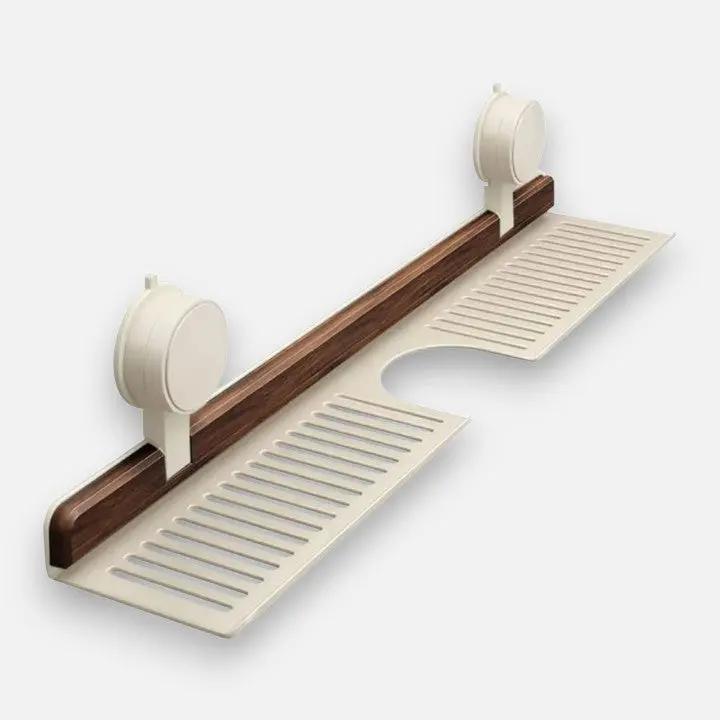 Bathroom Wall Shelf Rotating Suction Mount Walnut Finish