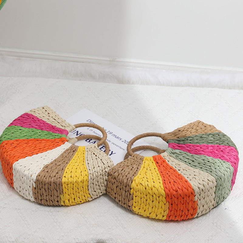 Beach Bag Braided Spacious Rainbow Stripes