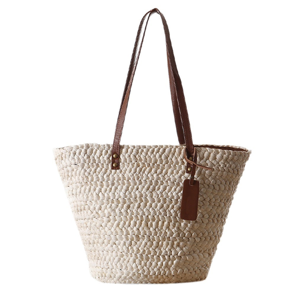 Beach Bag Handwoven Straw Leather Straps