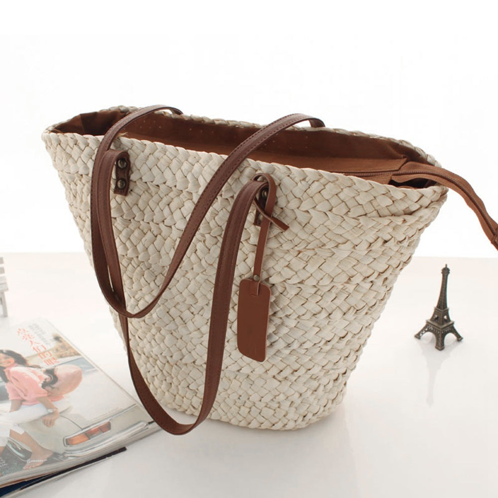 Beach Bag Handwoven Straw Leather Straps