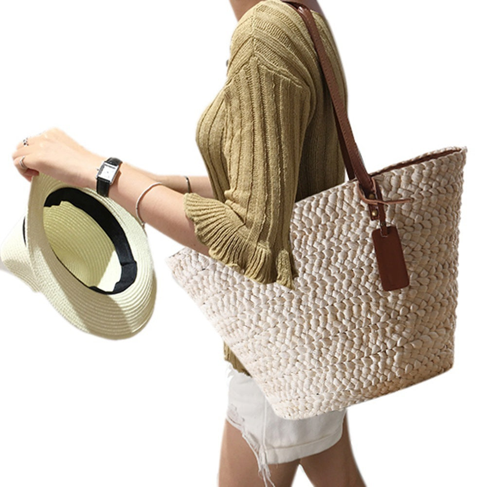 Beach Bag Handwoven Straw Leather Straps