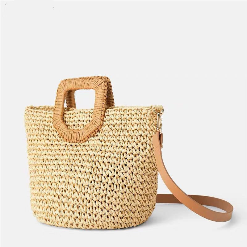 Beach Bag Handwoven Straw Wooden Handle Detachable Leather Strap