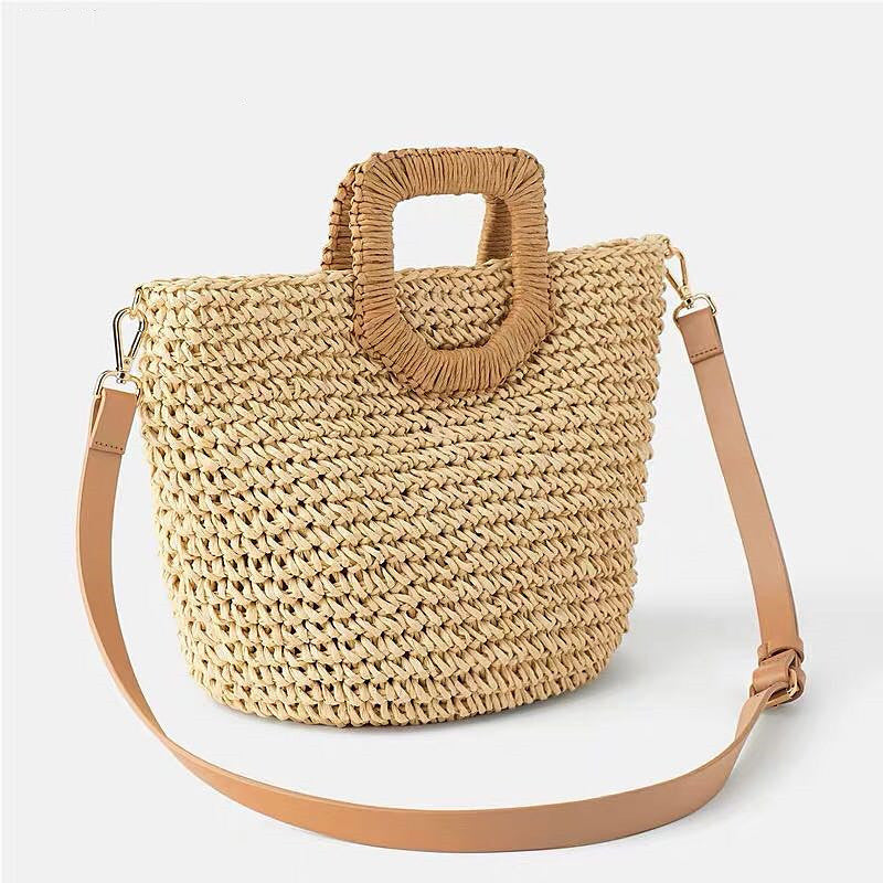 Beach Bag Handwoven Straw Wooden Handle Detachable Leather Strap