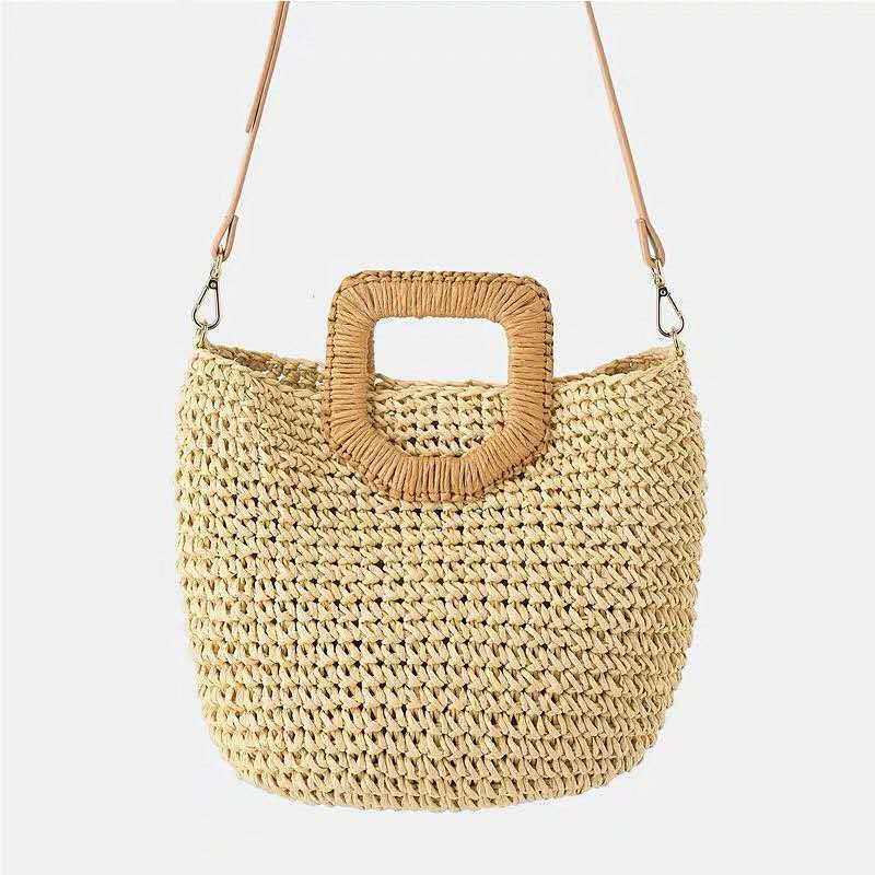 Beach Bag Handwoven Straw Wooden Handle Detachable Leather Strap