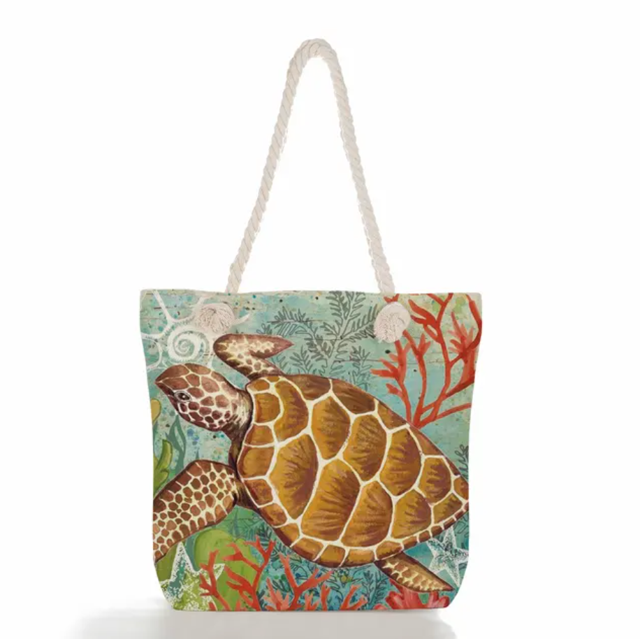 Beach Bag Linen Nautical Print Braided Cotton Handles