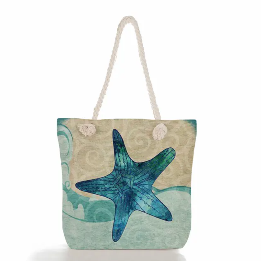 Beach Bag Linen Nautical Print Braided Cotton Handles