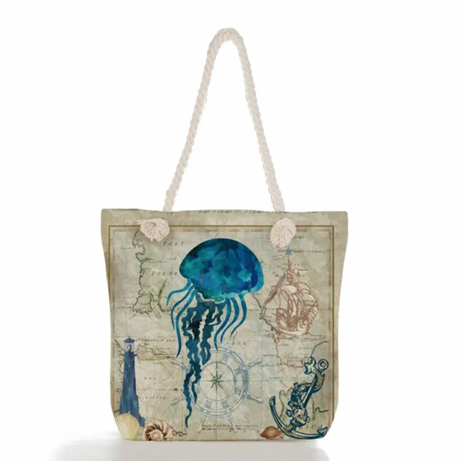 Beach Bag Linen Nautical Print Braided Cotton Handles