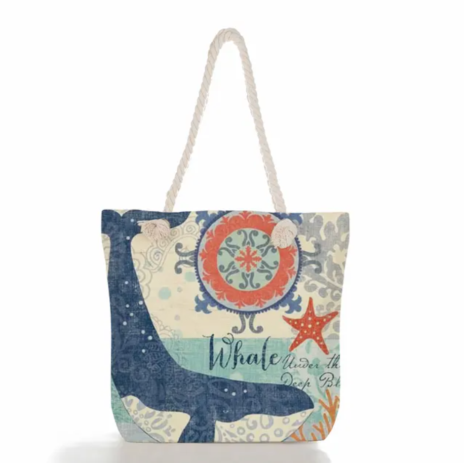 Beach Bag Linen Nautical Print Braided Cotton Handles
