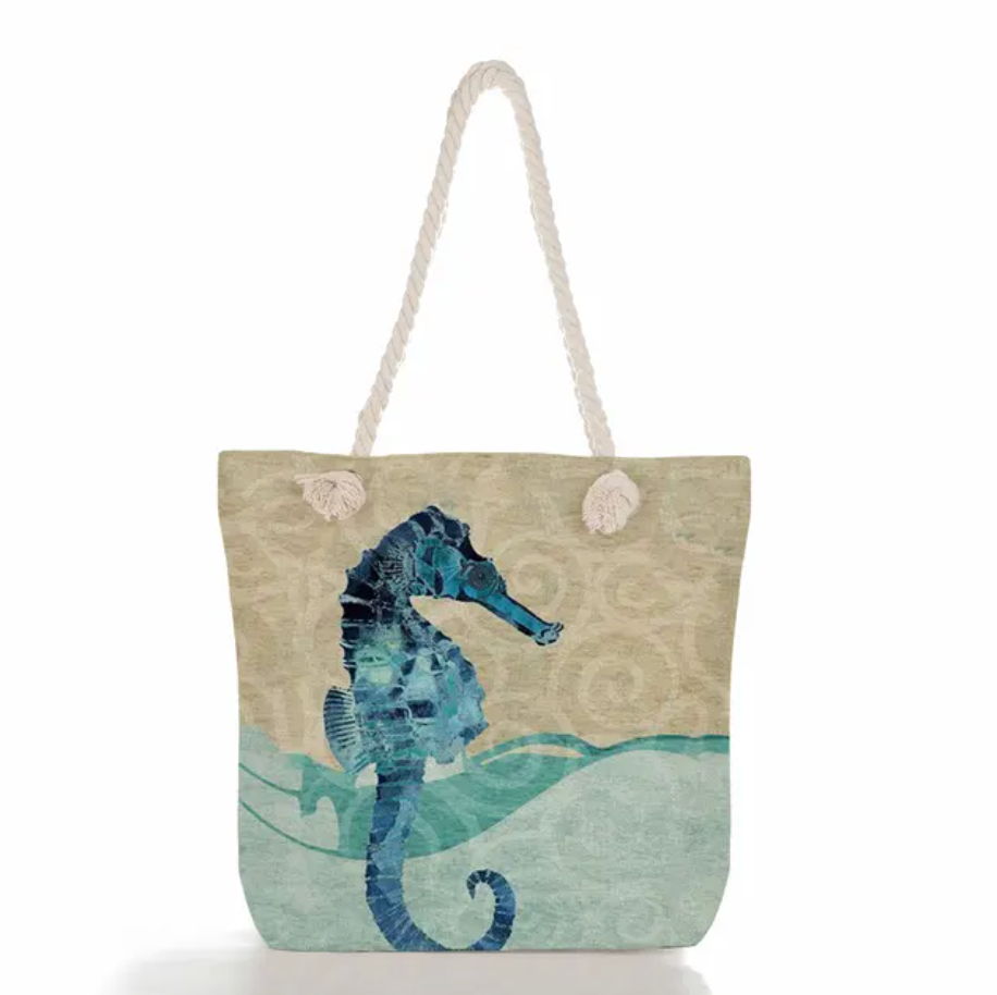 Beach Bag Linen Nautical Print Braided Cotton Handles