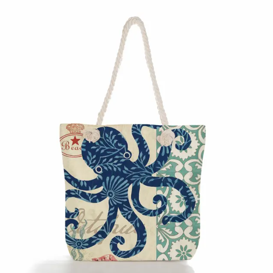 Beach Bag Linen Nautical Print Braided Cotton Handles
