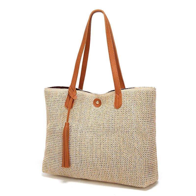 Beach Bag Spacious Woven Leather Handles