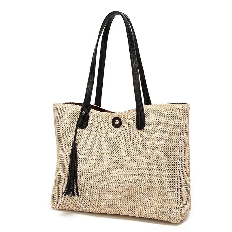 Beach Bag Spacious Woven Leather Handles