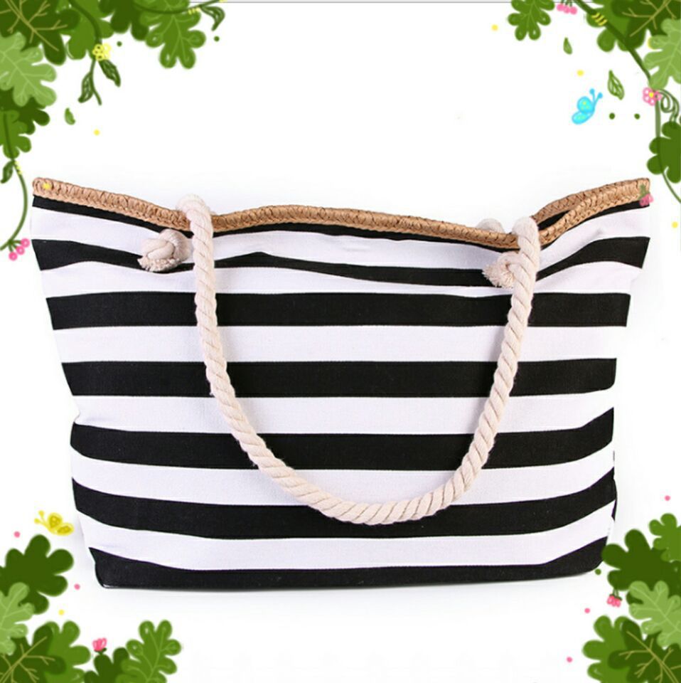 Beach Bag Striped Rope Handles & Spacious Interior