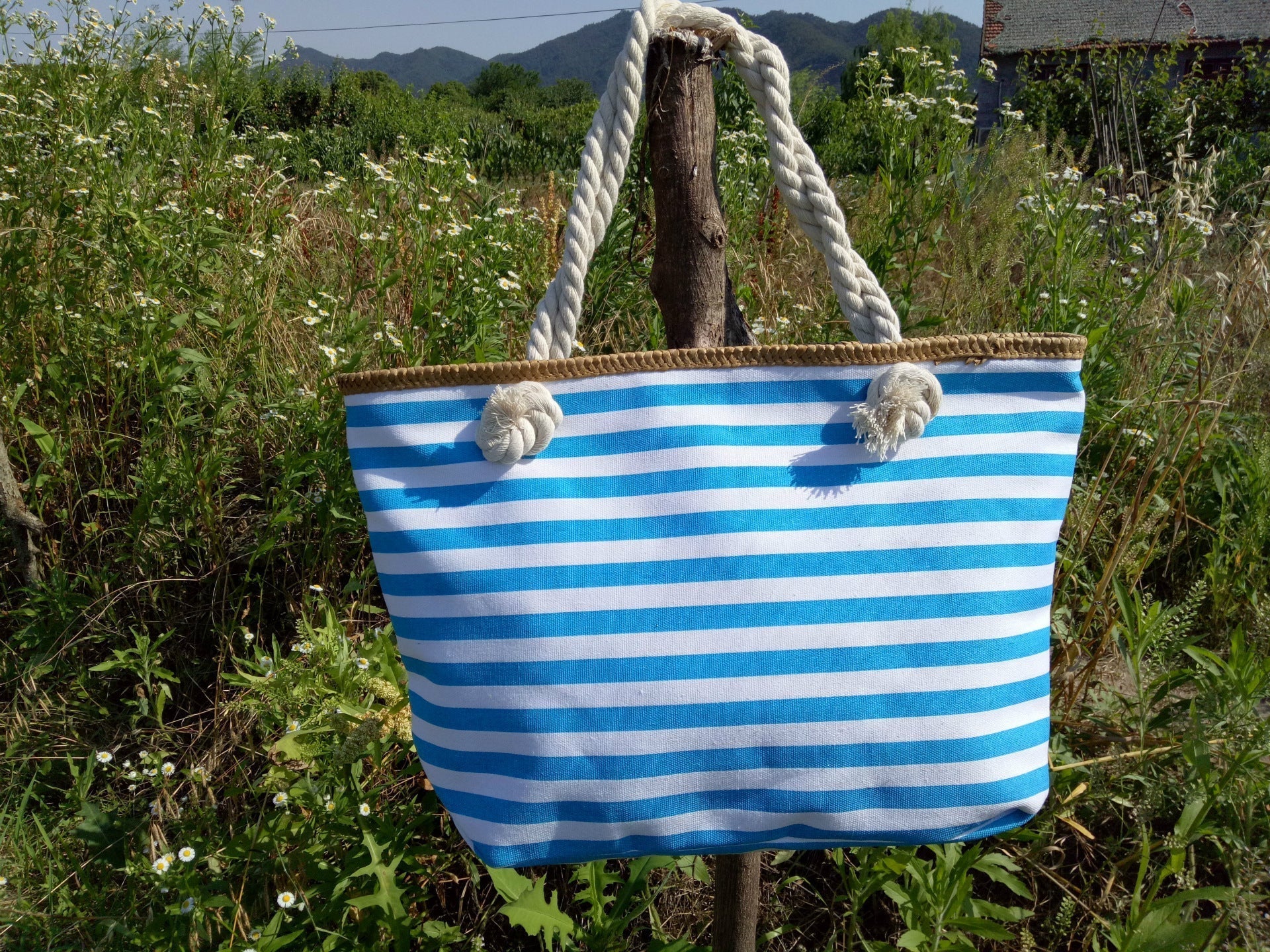 Beach Bag Striped Rope Handles & Spacious Interior