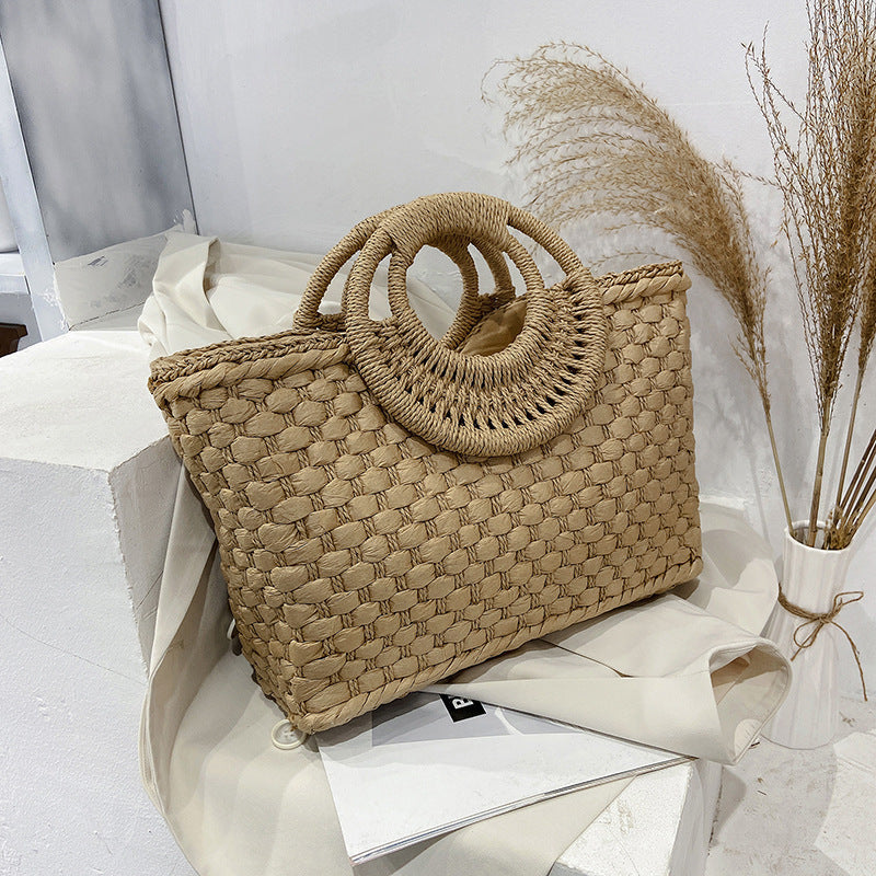 Beach Bag Woven Spacious Round Handles