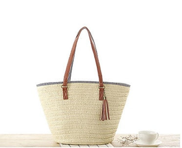 Beach Tote Spacious Woven Leather Handles