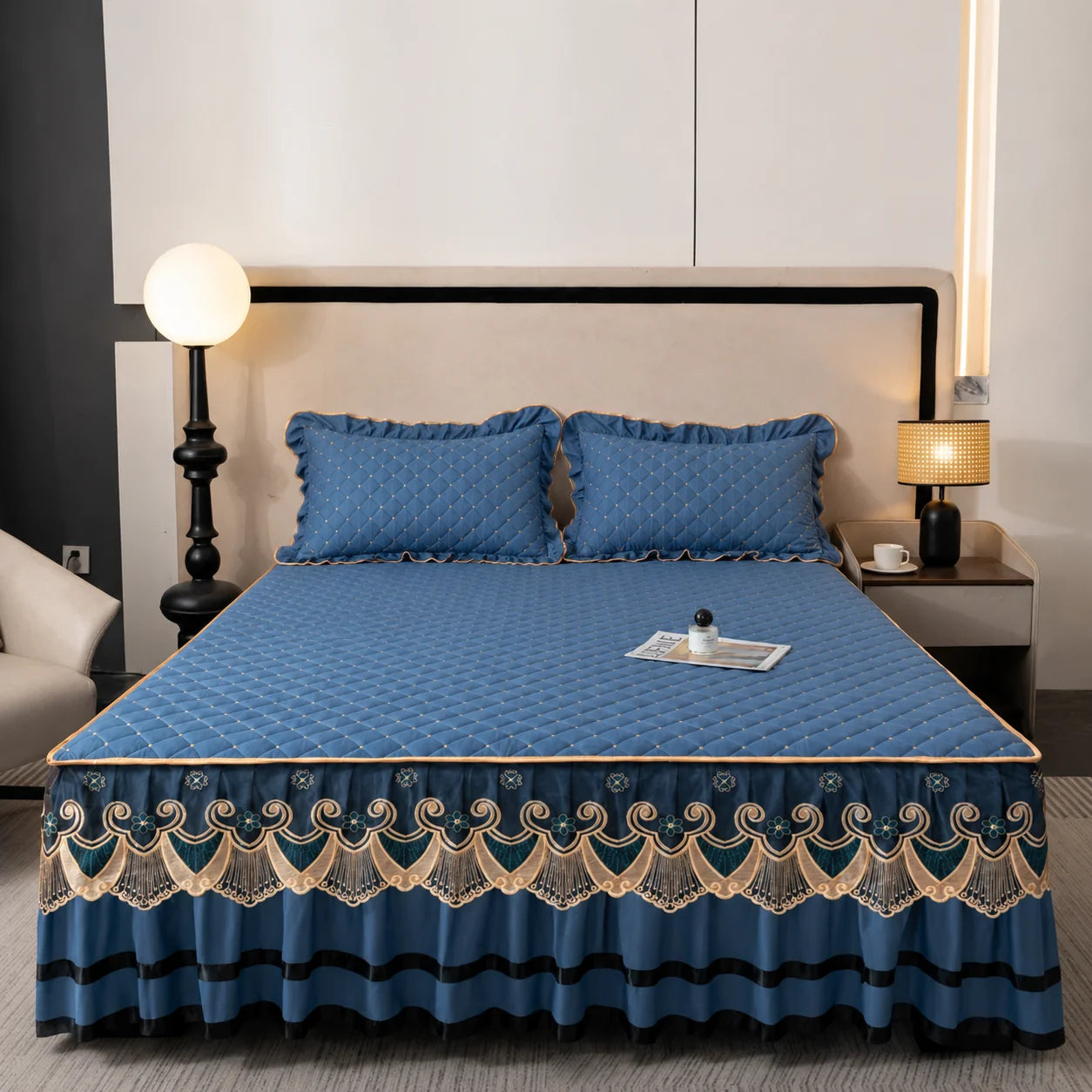 Bed Skirt Quilted Cotton Blend Lace Trim Anti-Slip